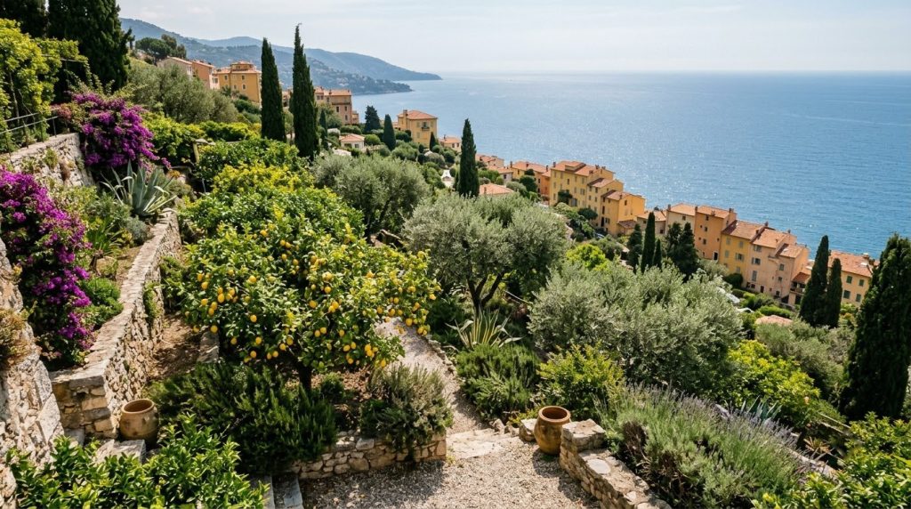 Lemon tree garden in Menton overlooking the Mediterranean hillside