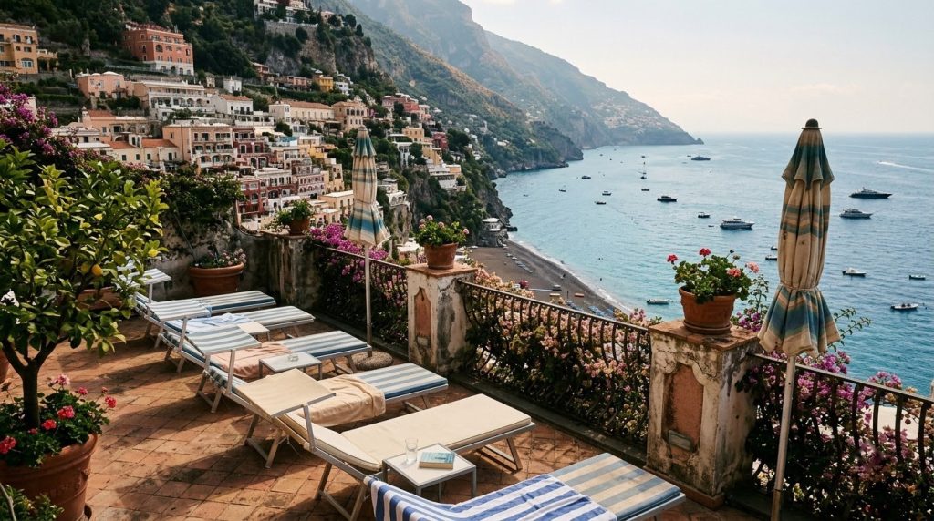 Hotel terrace overlooking the pastel cliffside village of Positano