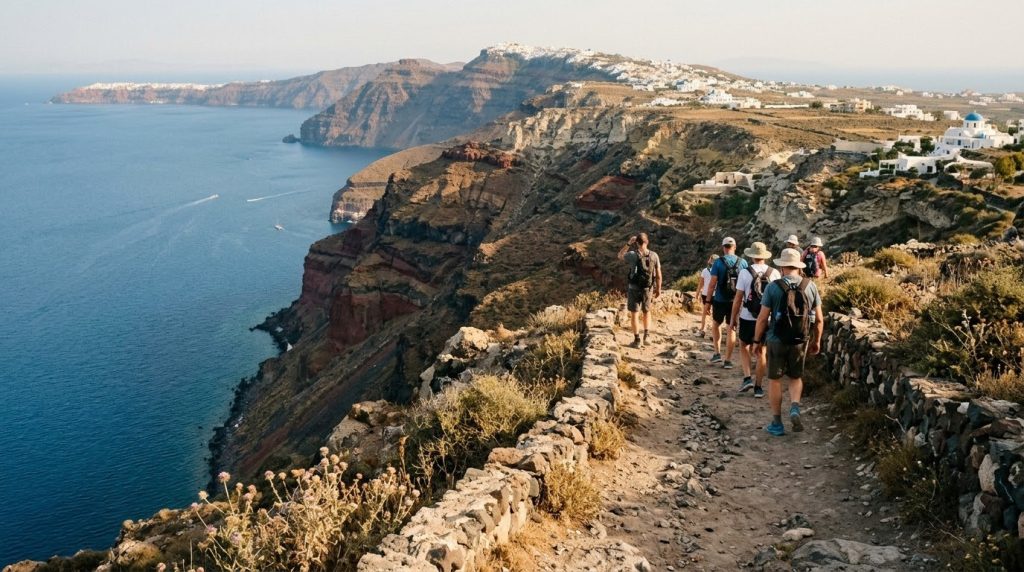 Hikers on the caldera rim trail between Fira and Oia, Santorini