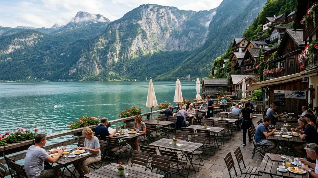 Lakeside cafe terrace in Hallstatt with the alpine lake behind