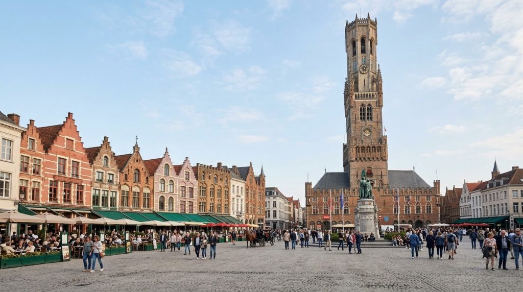 The Belfry tower and Markt square gabled houses in Bruges