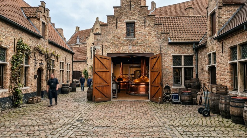 Brick courtyard of a traditional brewery in Bruges with copper kettles
