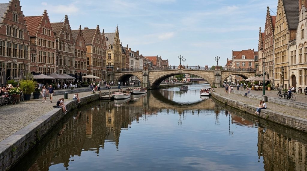 Medieval guild houses along a canal in Ghent, Belgium