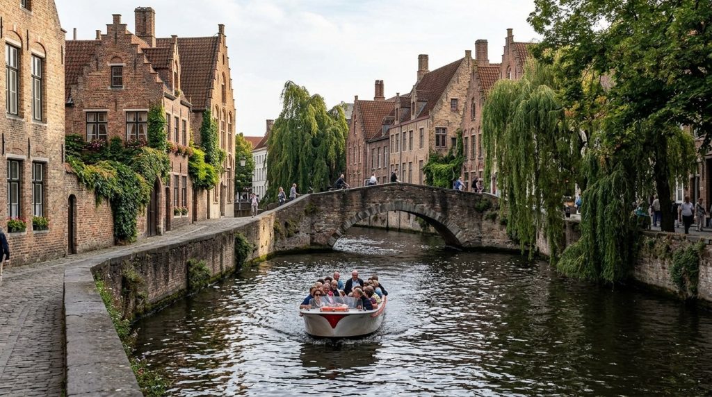 A canal boat passing brick houses and a bridge in Bruges
