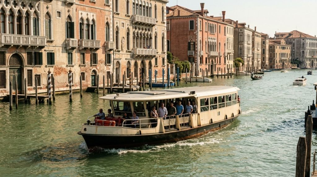 A vaporetto water bus traveling along Venice's Grand Canal