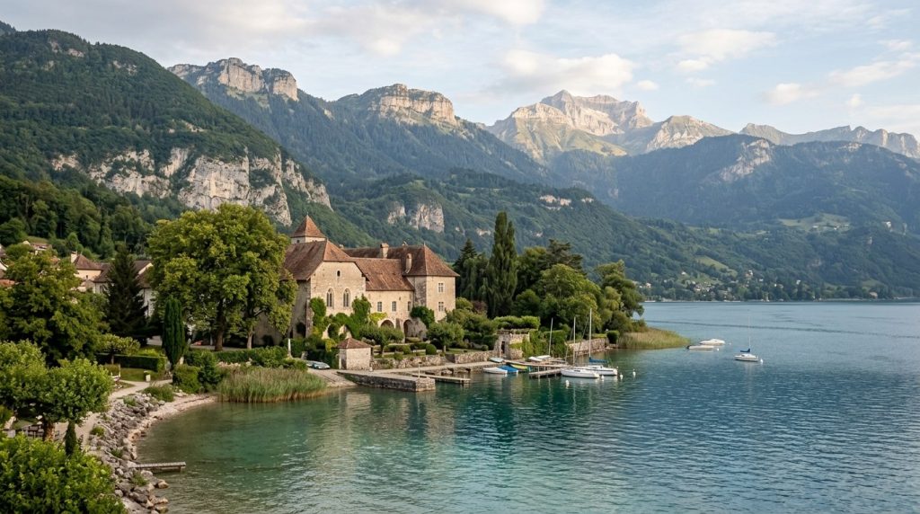 Lake Annecy bay near Talloires with a medieval abbey on the shore