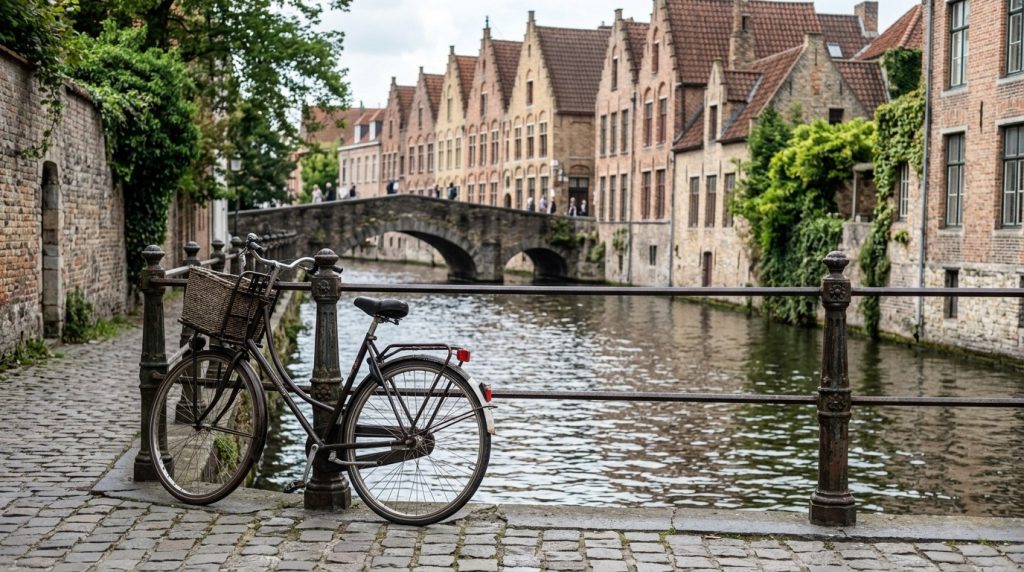 A bicycle beside a canal railing in central Bruges