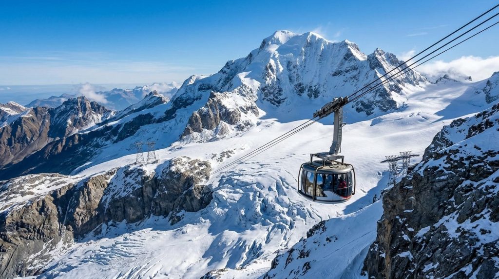 Cable car ascending the snowy summit of Mount Titlis near Lucerne