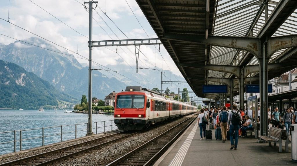 A train arriving at the lakeside railway station in Lucerne