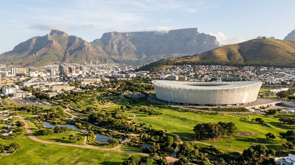 Cape Town Stadium and Green Point park with Table Mountain behind