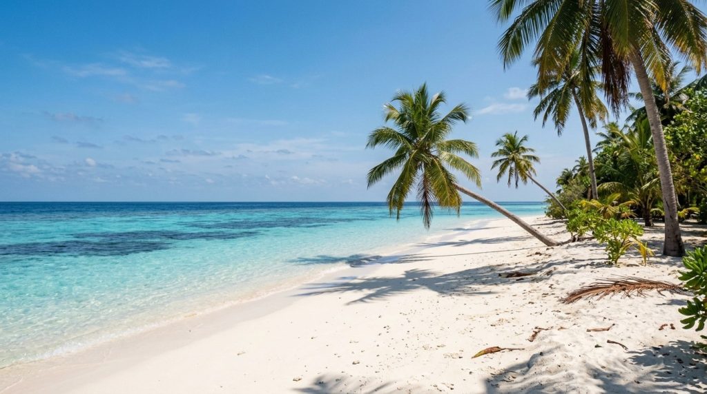 Turquoise lagoon and white sand beach on a Maldives island