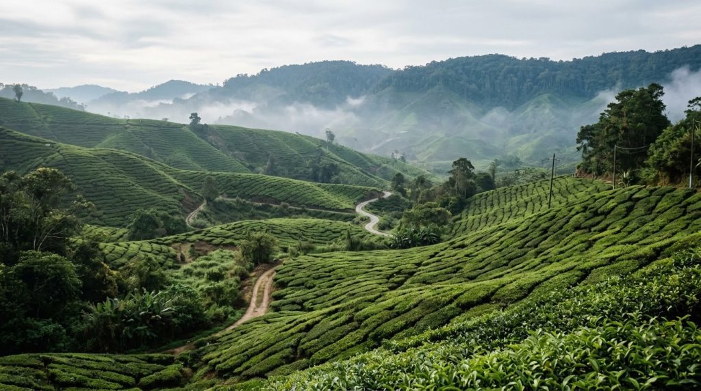 Rolling tea plantation rows in the Cameron Highlands near Kuala Lumpur