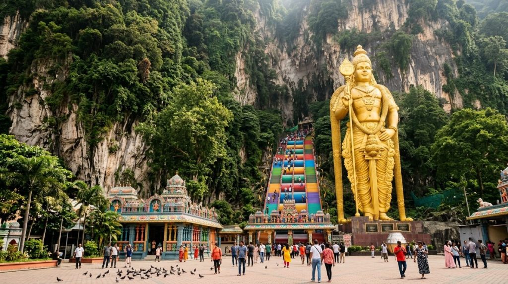 Golden statue and staircase at the Batu Caves near Kuala Lumpur