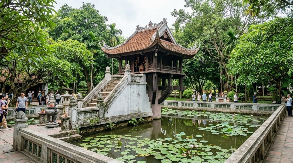 The One Pillar Pagoda rising from a lily pond in Hanoi