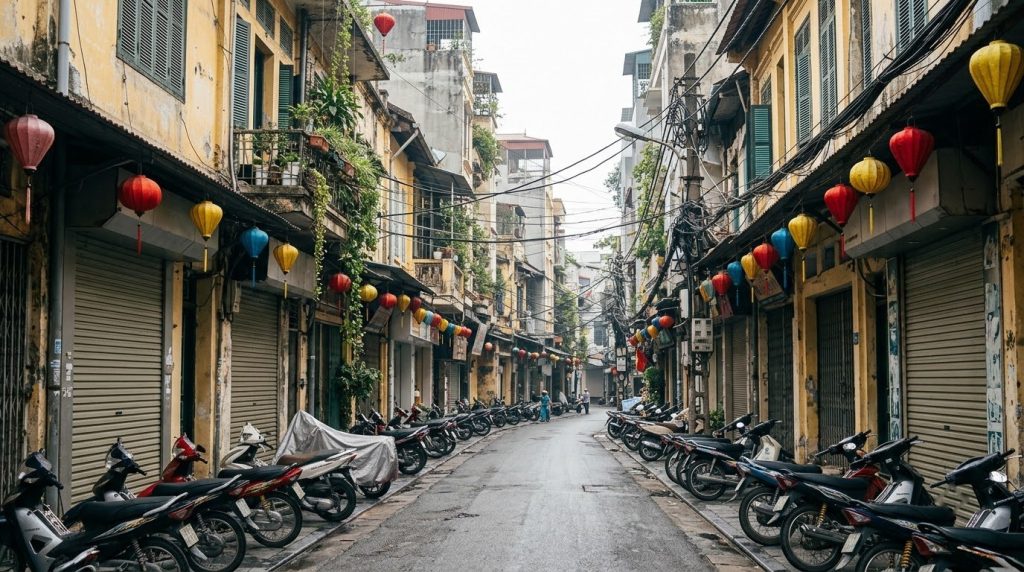 Narrow Old Quarter street in Hanoi with motorbikes and lanterns