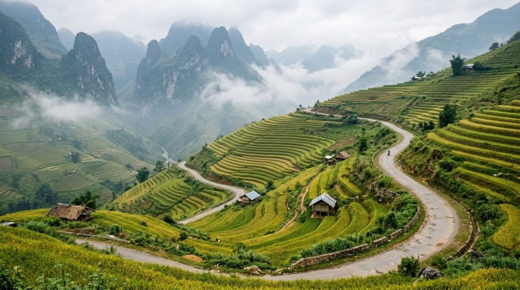 Winding road through terraced rice fields in Vietnam's Ha Giang region