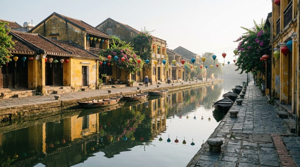 Yellow buildings and lanterns along a canal in Hoi An's old quarter