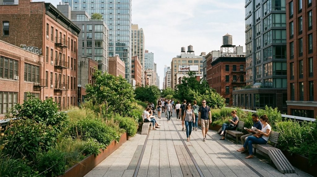 The elevated High Line park in the Chelsea neighborhood of Manhattan