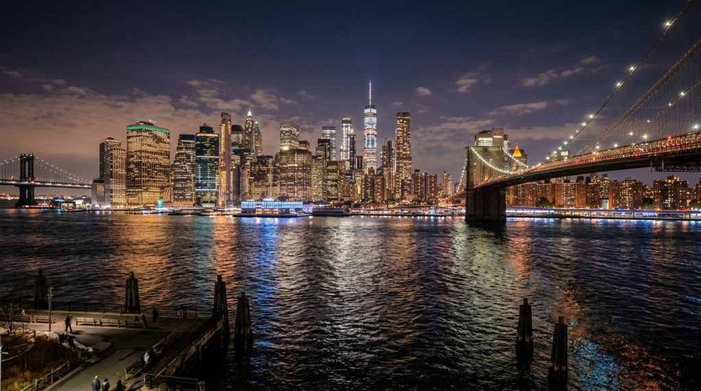 Manhattan skyline at night viewed across the East River