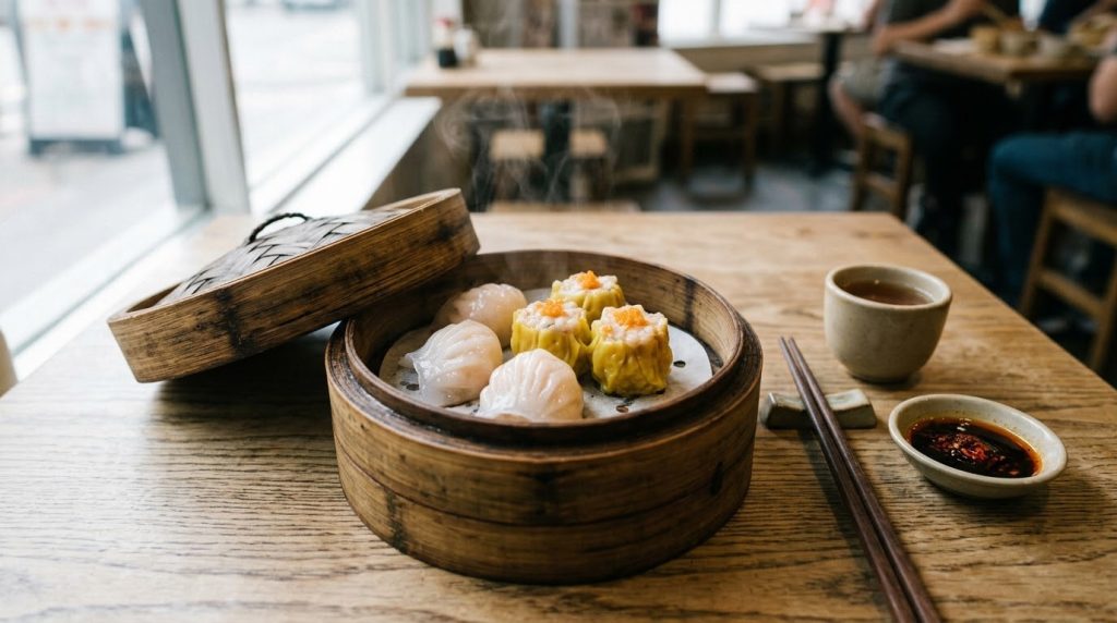 Dim sum dumplings in a bamboo steamer basket, San Francisco Chinatown