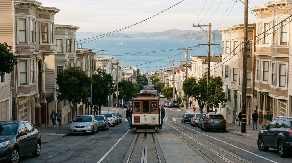 A cable car climbing a steep street in San Francisco
