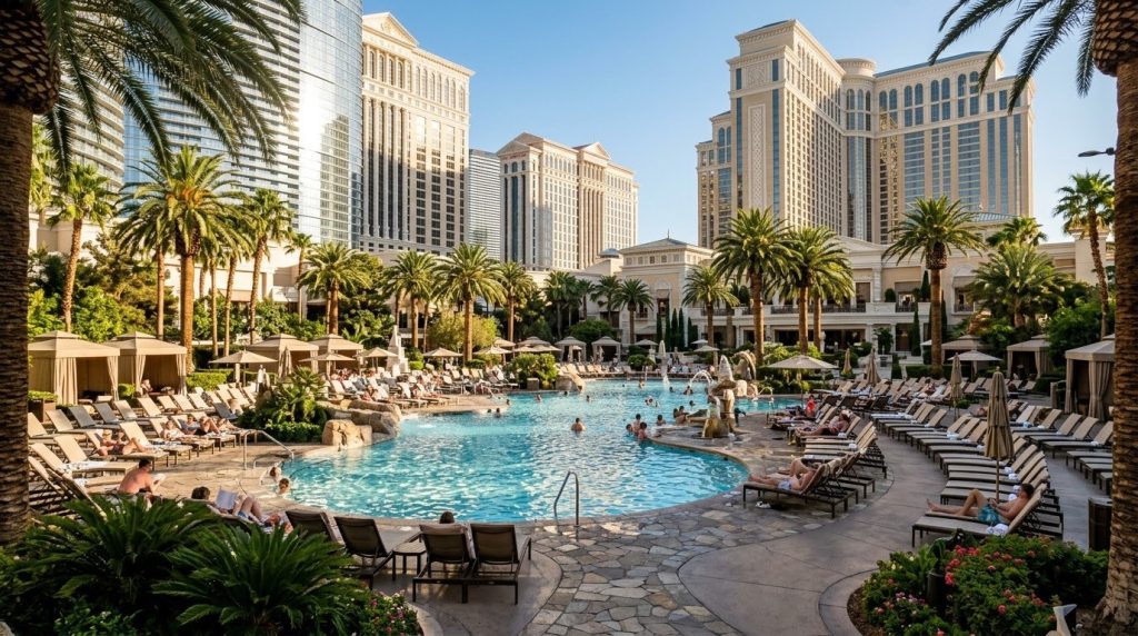 A resort pool with lounge chairs along the Las Vegas Strip