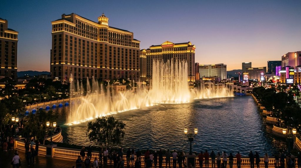 The Bellagio fountains on the Las Vegas Strip at dusk