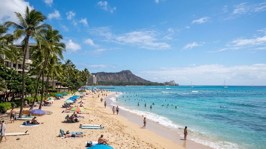 Waikiki Beach in Honolulu with Diamond Head in the distance
