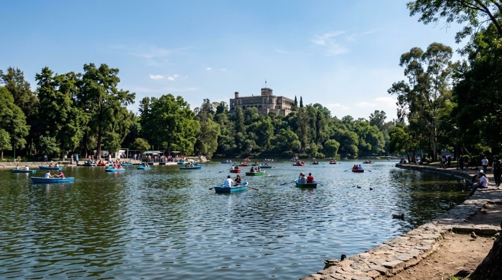 A calm lake with rowboats in Chapultepec Park, Mexico City