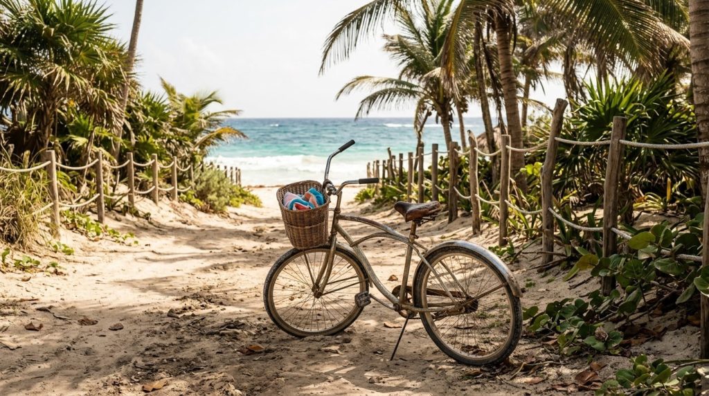 A bicycle parked along a beach road in Tulum, Mexico