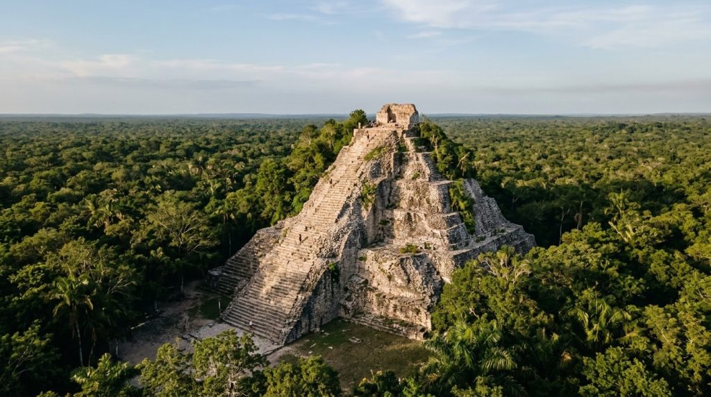 The Nohoch Mul pyramid rising above the jungle at Coba, Mexico