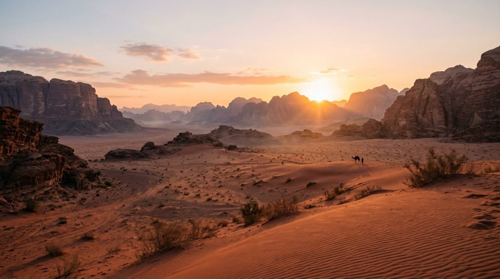 Sunrise over the red sand dunes of Wadi Rum desert, Jordan