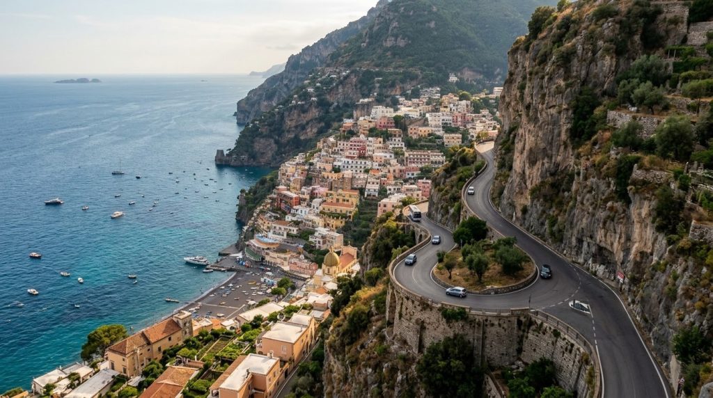The winding SS163 coastal road along cliffs on the Amalfi Coast
