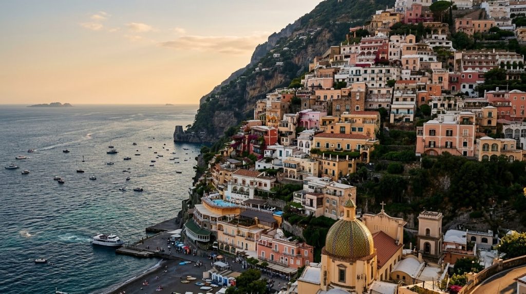 Pastel houses of Positano cascading toward the beach at golden hour