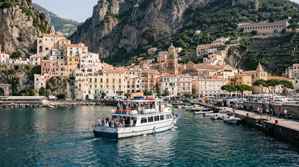 A passenger ferry approaching the harbor at Amalfi town