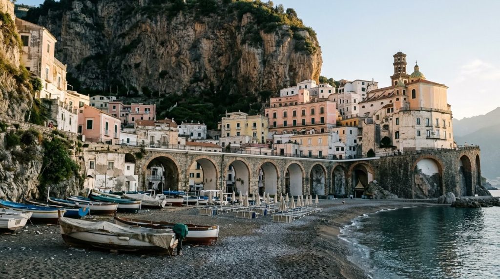 Pebble beach and pastel houses of Atrani village on the Amalfi Coast