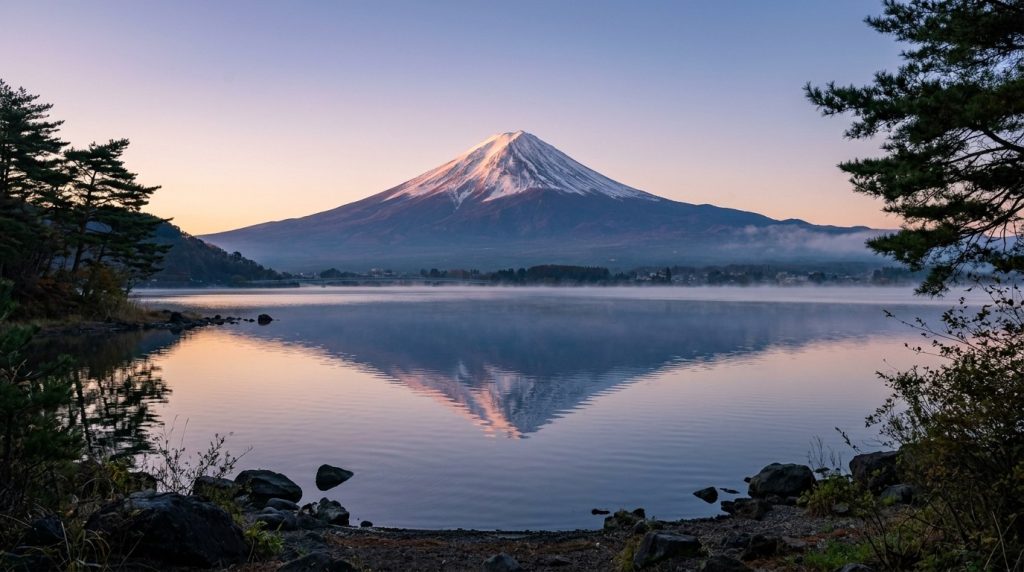 Mount Fuji reflected in Lake Kawaguchiko at dawn