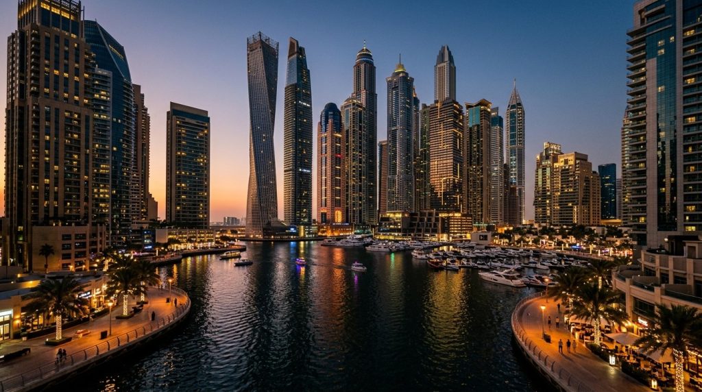 Dubai Marina skyline reflecting on the water at dusk