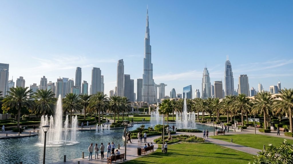 Burj Khalifa and the Dubai skyline under a clear winter sky