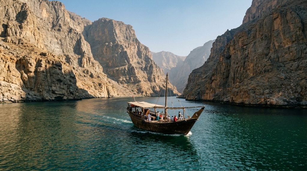 A dhow boat sailing through the fjords of Musandam, Oman