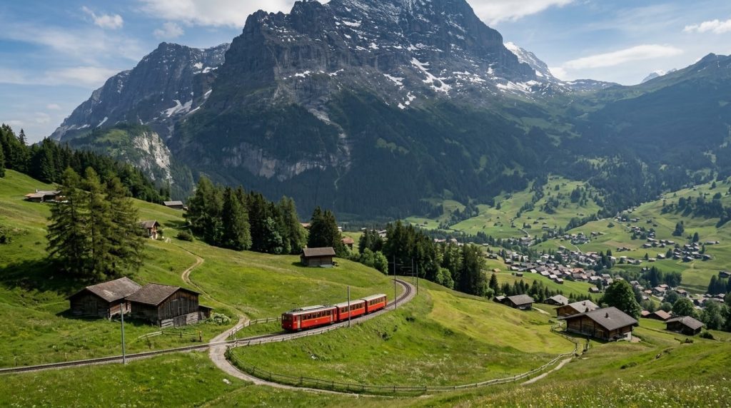 A train traveling through alpine meadows toward Grindelwald with the Eiger behind
