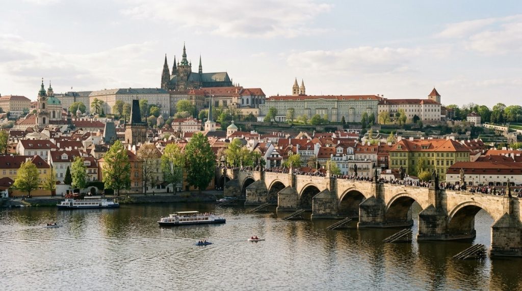 Charles Bridge over the Vltava River with Prague Castle behind
