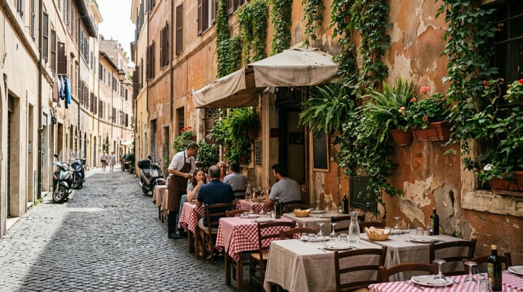 A small trattoria terrace on a quiet street in Rome's Trastevere