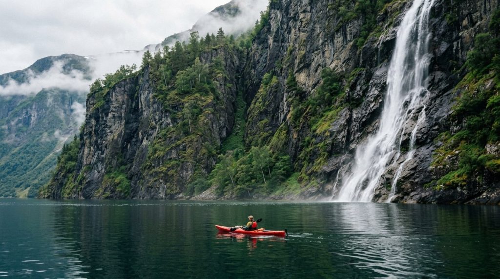 A kayaker paddling the calm waters of Geirangerfjord in Norway