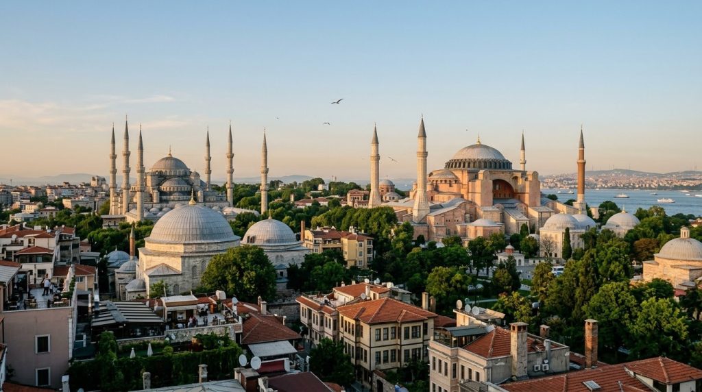 Sultanahmet skyline with the Blue Mosque and Hagia Sophia in Istanbul