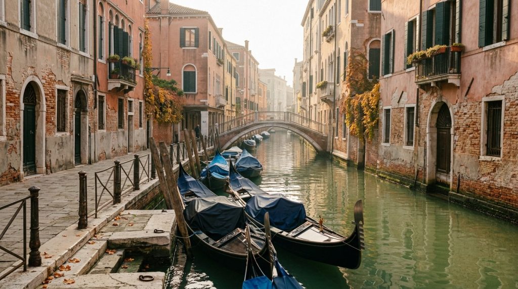 A quiet Venice canal in warm autumn morning light