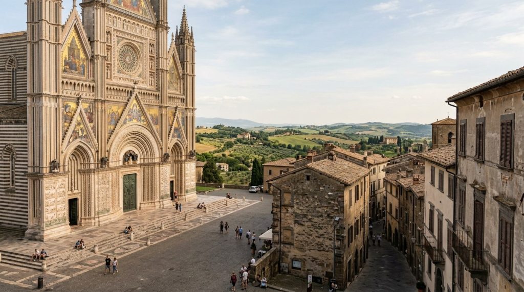 The striped facade of Orvieto's Gothic cathedral in Umbria