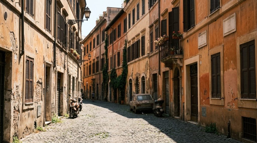 A quiet Centro Storico street in Rome on a hot August afternoon