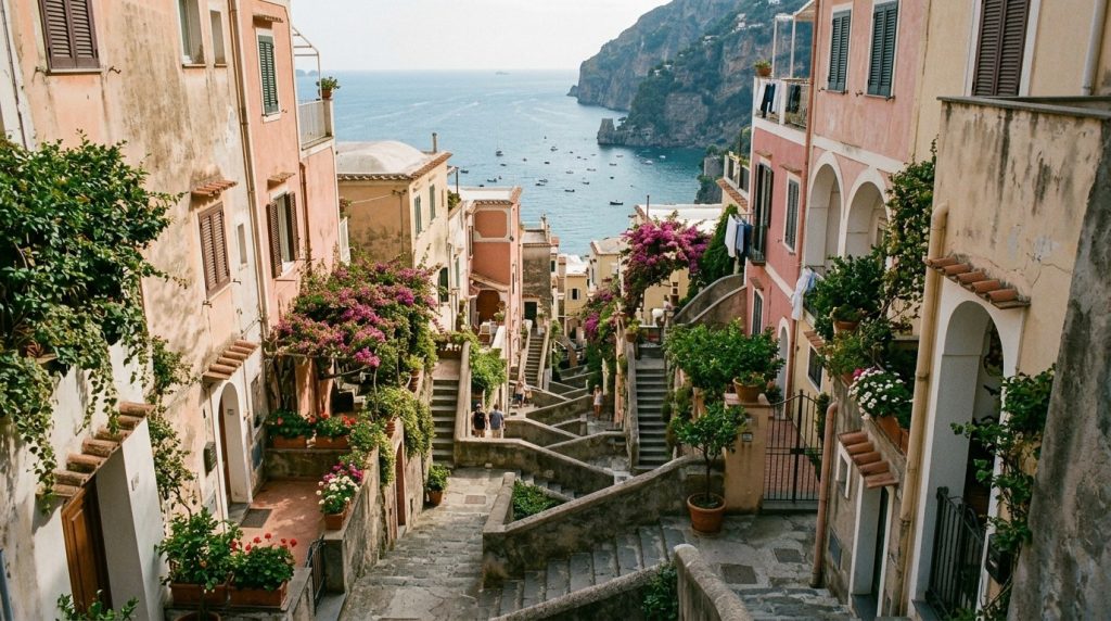 A long staircase through pastel houses in Positano, Amalfi Coast