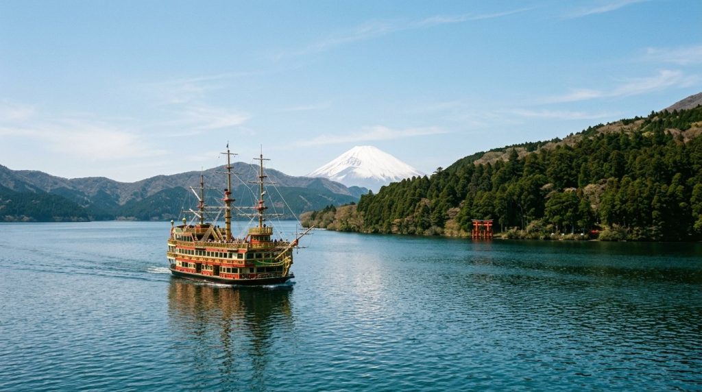 A boat on Lake Ashi in Hakone with Mount Fuji in the distance